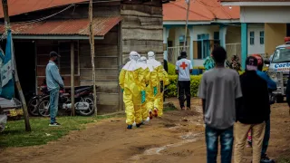 May 2026, Bunia, Ituri Province, north-eastern Democratic Republic of the Congo. Volunteers from the Red Cross of the Democratic Republic of the Congo, wearing personal protective equipment, at Nyakunde Hospital. They are preparing to disinfect the bodies of people suspected of having Ebola virus disease.